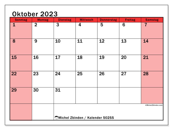 Kalender Oktober 2023 “502”. Programm zum Ausdrucken kostenlos.. Sonntag bis Samstag