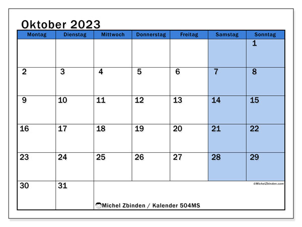 Kalender Oktober 2023 “504”. Programm zum Ausdrucken kostenlos.. Montag bis Sonntag