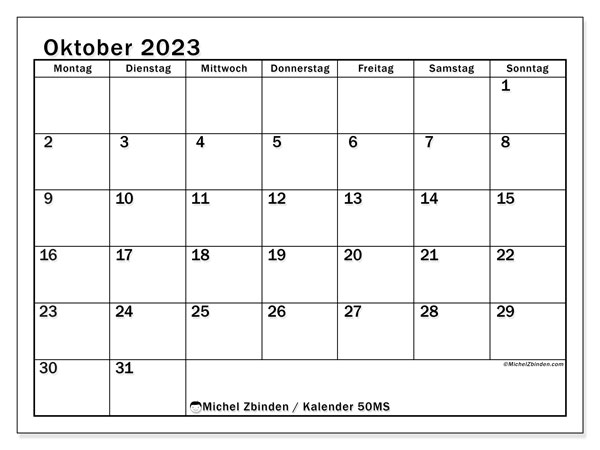 Kalender Oktober 2023 “50”. Programm zum Ausdrucken kostenlos.. Montag bis Sonntag