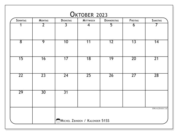 Kalender Oktober 2023 “51”. Plan zum Ausdrucken kostenlos.. Sonntag bis Samstag