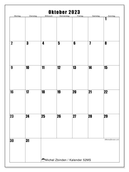 Kalender Oktober 2023 “52”. Kalender zum Ausdrucken kostenlos.. Montag bis Sonntag