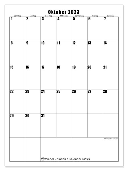Kalender Oktober 2023 “52”. Kalender zum Ausdrucken kostenlos.. Sonntag bis Samstag