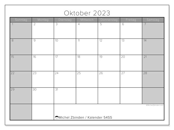 Kalender Oktober 2023 “54”. Programm zum Ausdrucken kostenlos.. Sonntag bis Samstag