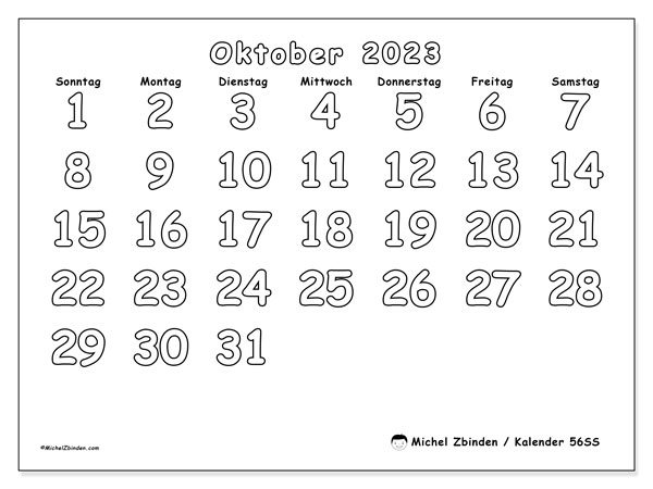 Kalender Oktober 2023 “56”. Plan zum Ausdrucken kostenlos.. Sonntag bis Samstag