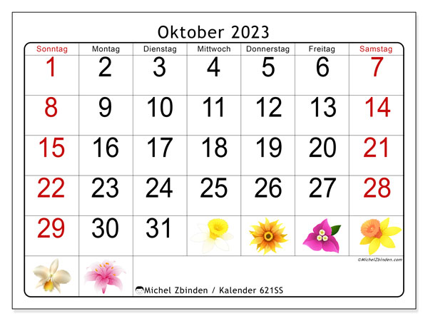 Kalender Oktober 2023 “621”. Kalender zum Ausdrucken kostenlos.. Sonntag bis Samstag
