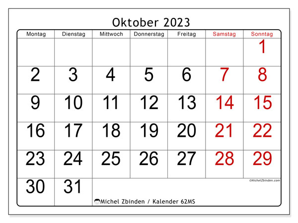 Kalender Oktober 2023 “62”. Programm zum Ausdrucken kostenlos.. Montag bis Sonntag