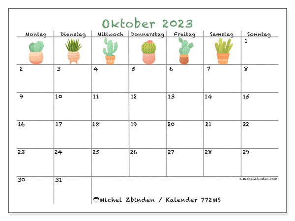 Kalender Oktober 2023 “772”. Plan zum Ausdrucken kostenlos.. Montag bis Sonntag