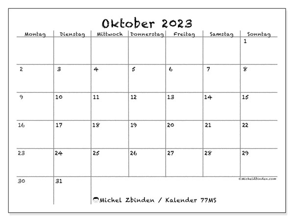 Kalender Oktober 2023 “77”. Plan zum Ausdrucken kostenlos.. Montag bis Sonntag