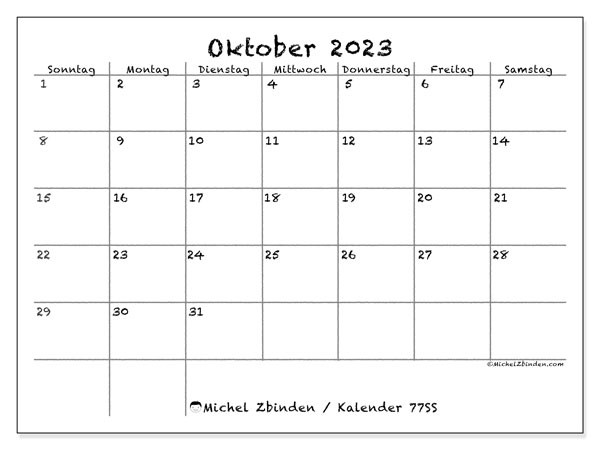 Kalender Oktober 2023 “77”. Plan zum Ausdrucken kostenlos.. Sonntag bis Samstag
