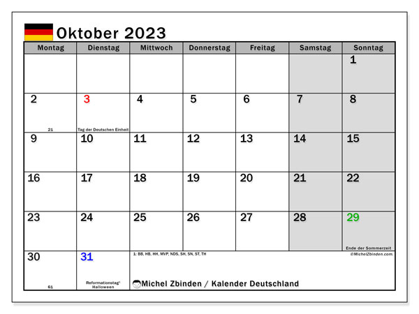 Kalender oktober 2023, Tyskland (DE). Gratis plan for utskrift.