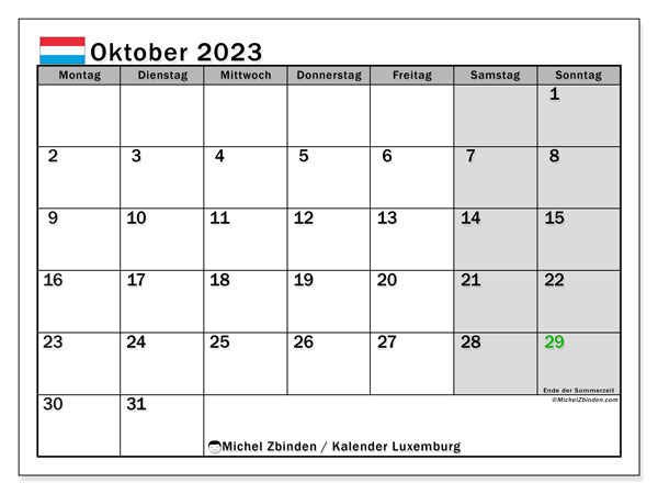 Calendario ottobre 2023, Lussemburgo (DE). Orario da stampare gratuito.