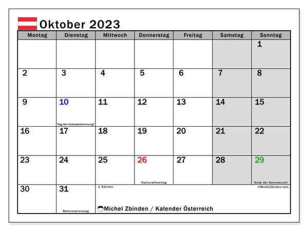 Calendário Outubro 2023 “Áustria”. Horário gratuito para impressão.. Segunda a domingo
