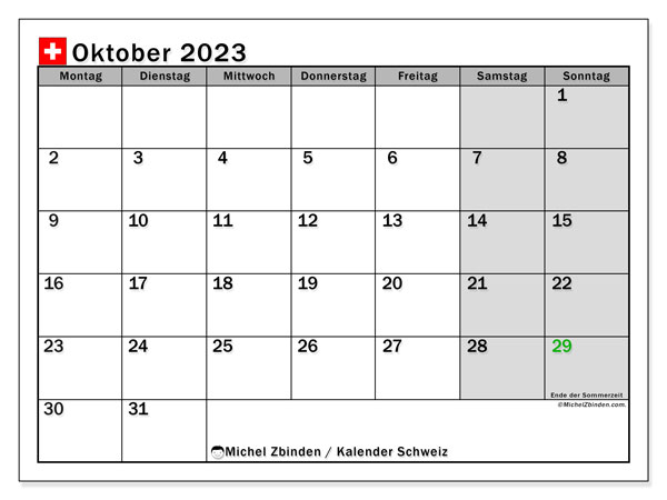Calendário Outubro 2023 “Suíça (DE)”. Jornal gratuito para impressão.. Segunda a domingo