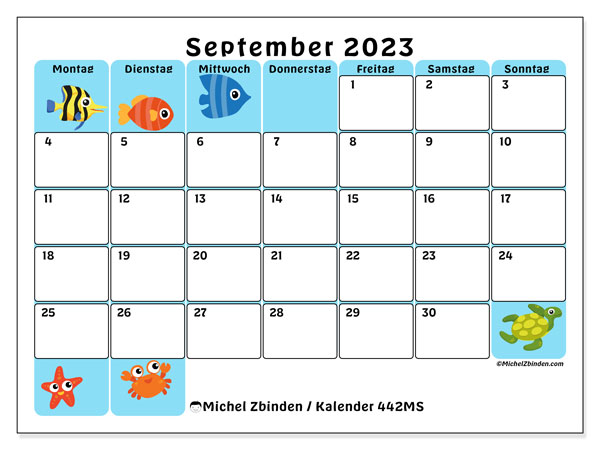Kalender September 2023, 442MS. Kalender zum Ausdrucken kostenlos.