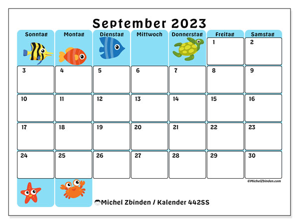 Kalender September 2023, 442SS. Kalender zum Ausdrucken kostenlos.