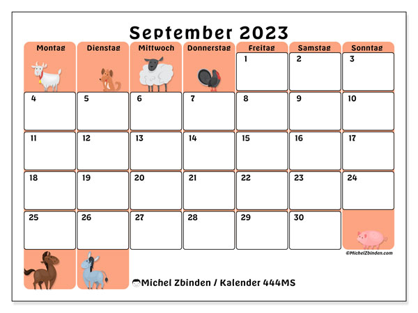 Kalender September 2023 “444”. Plan zum Ausdrucken kostenlos.. Montag bis Sonntag