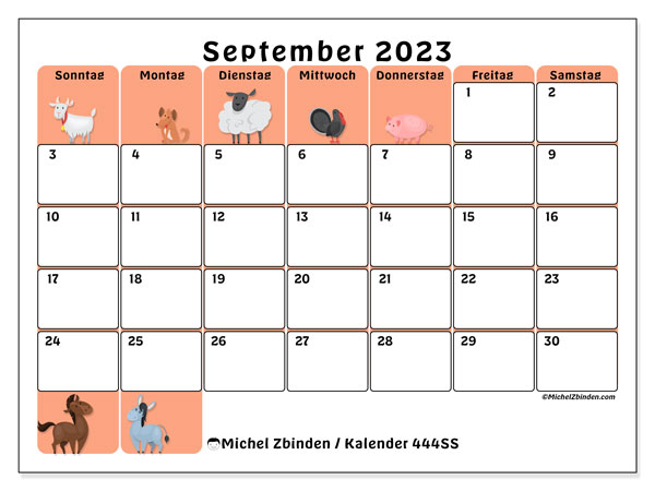 Kalender September 2023 “444”. Plan zum Ausdrucken kostenlos.. Sonntag bis Samstag