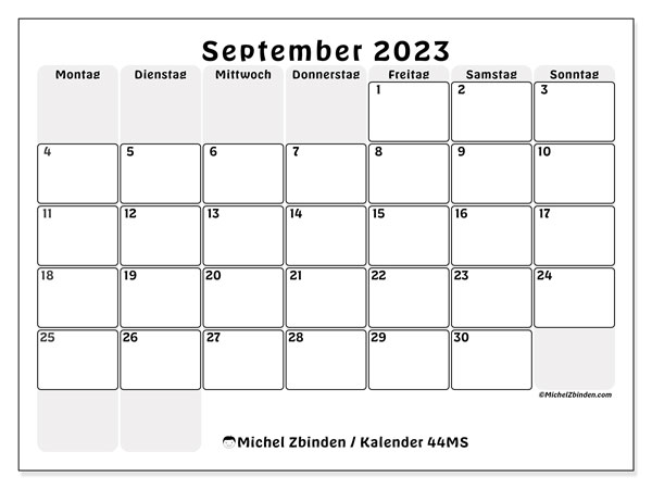 Kalender September 2023, 44MS. Kalender zum Ausdrucken kostenlos.