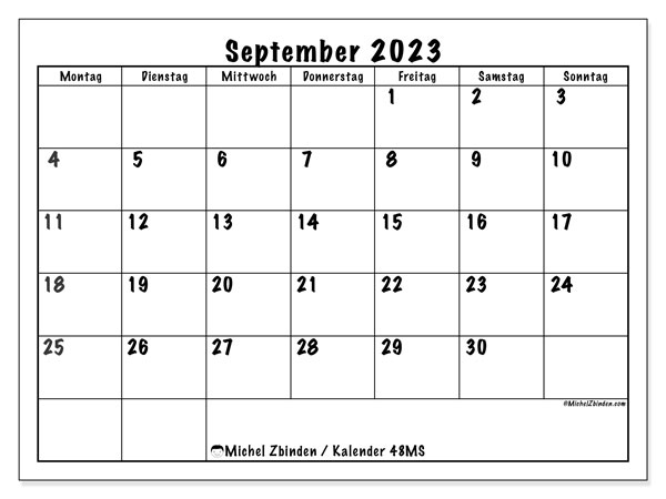Kalender September 2023 zum ausdrucken. Monatskalender “48MS” und Planung zum kostenlosen ausdrucken