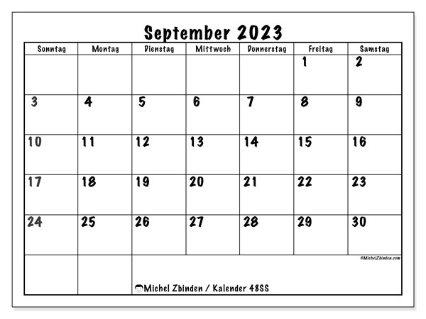 Kalender September 2023 “48”. Programm zum Ausdrucken kostenlos.. Sonntag bis Samstag
