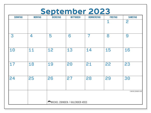 Kalender September 2023, 49SS. Plan zum Ausdrucken kostenlos.