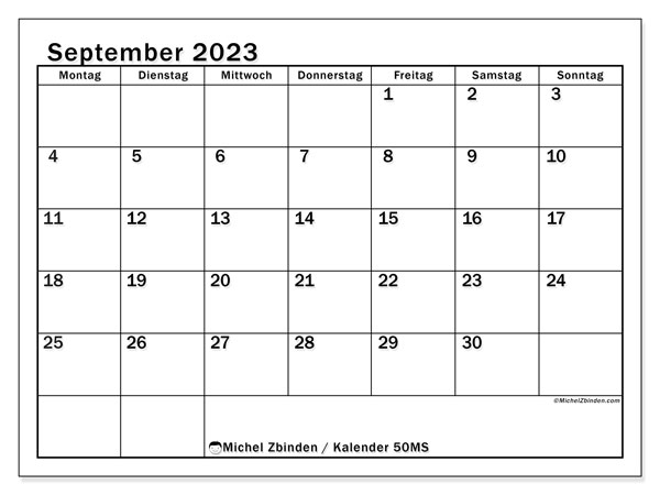 Kalender September 2023 “50”. Programm zum Ausdrucken kostenlos.. Montag bis Sonntag