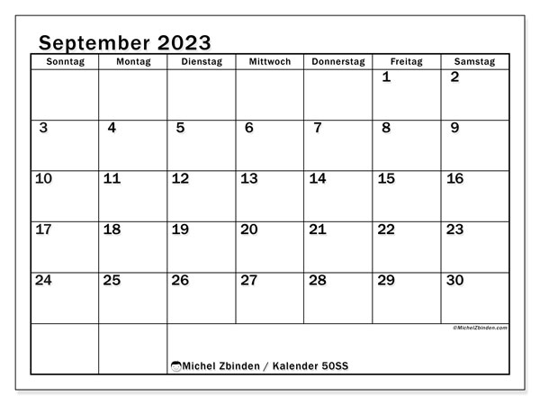 Kalender September 2023, 50SS. Plan zum Ausdrucken kostenlos.