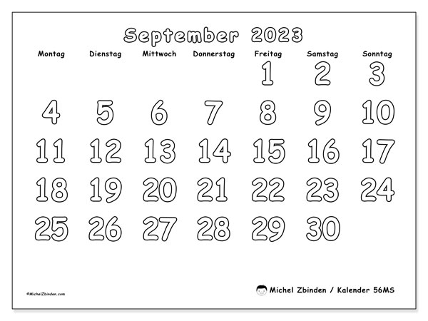 56MS-Kalender, September 2023, zum Ausdrucken, kostenlos. Kostenlos ausdruckbarer Zeitplan