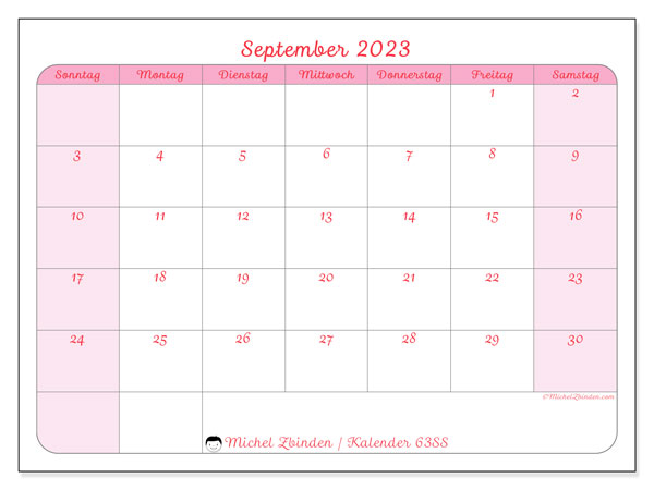 Kalender September 2023 “63”. Programm zum Ausdrucken kostenlos.. Sonntag bis Samstag