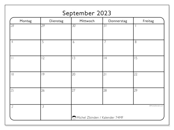 Kalender September 2023, 74MS. Plan zum Ausdrucken kostenlos.