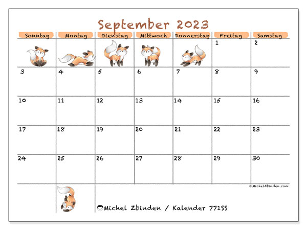 Kalender September 2023, 771SS. Kalender zum Ausdrucken kostenlos.