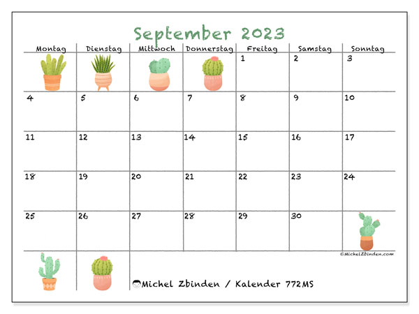 Kalender September 2023, 772MS. Kalender zum Ausdrucken kostenlos.