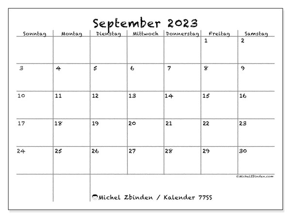 Kalender September 2023 “77”. Programm zum Ausdrucken kostenlos.. Sonntag bis Samstag