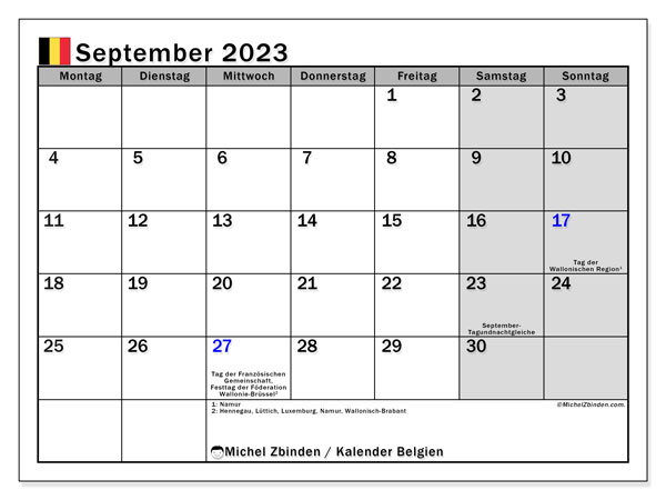 Kalender September 2023, Belgien (DE). Plan zum Ausdrucken kostenlos.