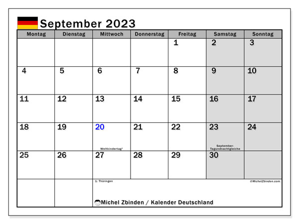 Kalenteri syyskuu 2023, Saksa (DE). Ilmainen tulostettava aikataulu.
