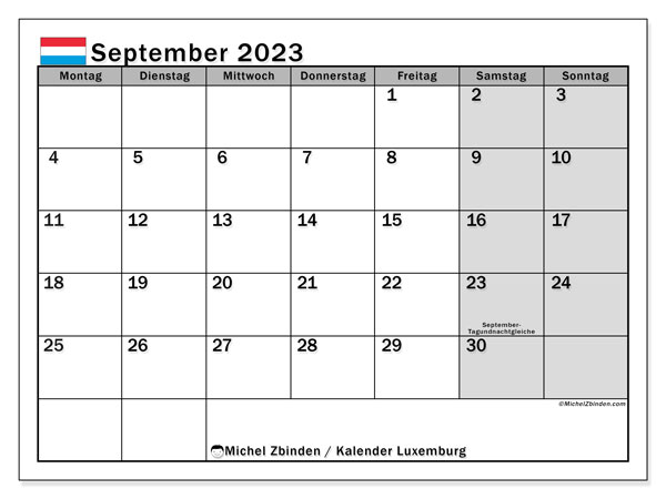 Kalender september 2023, Luxembourg (DE). Gratis plan til print.