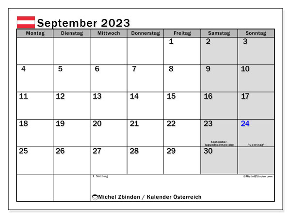 Kalender september 2023, Österrike (DE). Gratis utskrivbart program.