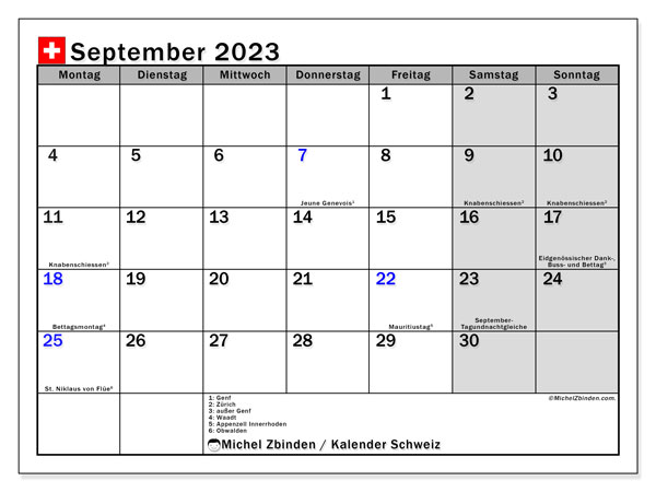 Schweiz, Kalender September 2023, zum Ausdrucken, kostenlos.