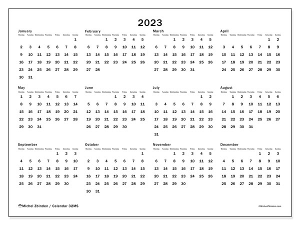 Calendar Annual 2023 “32”. Free printable schedule.. Monday to Sunday