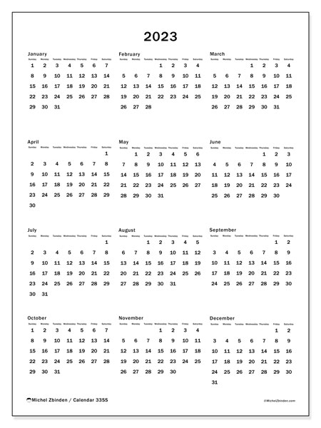 Printable 2023 calendar. Annual calendar “33SS” and planner to print free