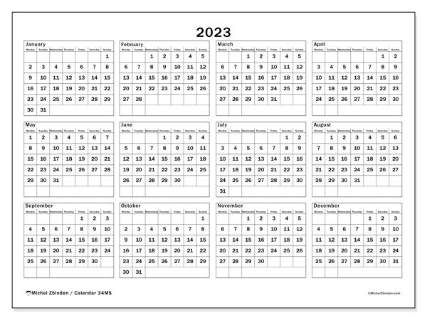 Printable 2023 calendar. Annual calendar “34MS” and free planner to print