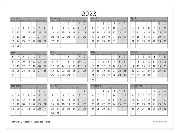 Annual calendar 2023, 35MS. Free printable program.