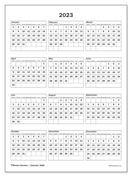 Calendar Annual 2023 “36”. Free printable plan.. Sunday to Saturday