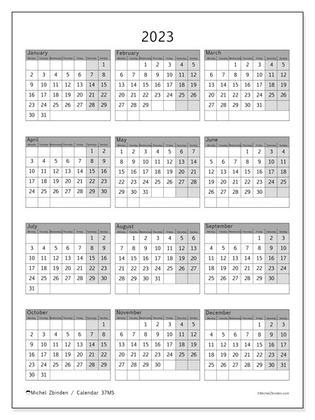 Printable 2023 calendar. Annual calendar “37MS” and free planner to print