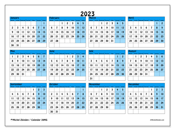 Printable 2023 calendar. Annual calendar “39MS” and free agenda to print
