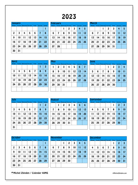 Annual calendar 2023, 40MS. Free printable program.