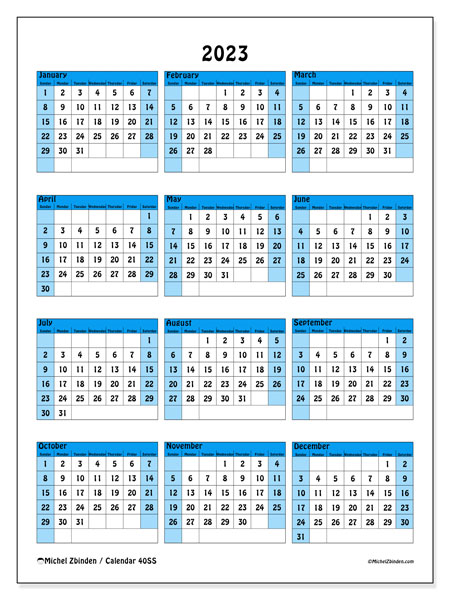 Printable 2023 calendar. Annual calendar “40SS” and schedule to print free