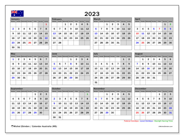 Calendar with Australian public holidays, 2023, for printing, free. Free plan to print