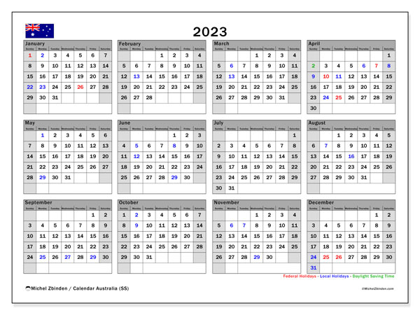 Calendar with Australian public holidays, 2023, for printing, free. Free timeline to print