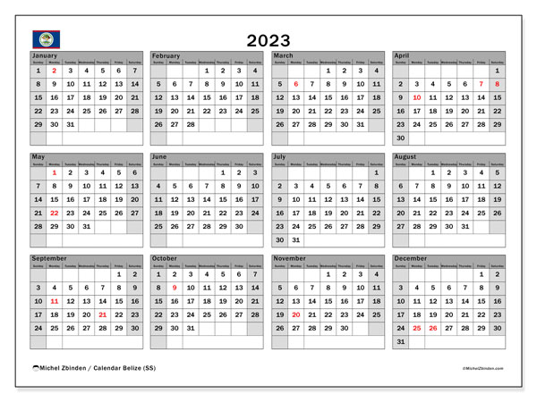 Printable calendar, 2023, Belize (SS)